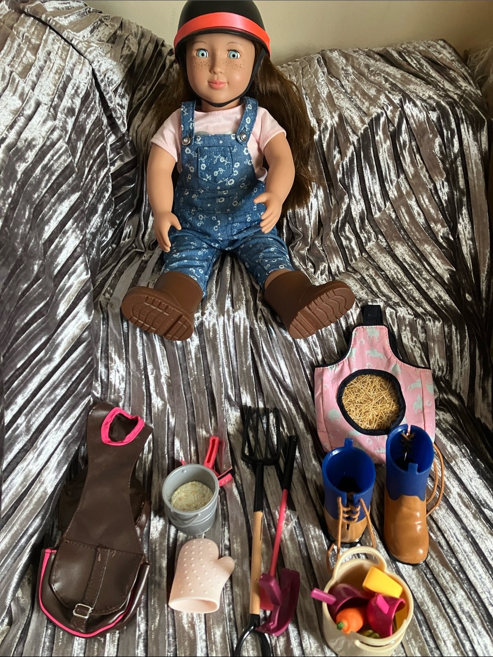 Classic Brown-Haired 18 inch Doll with Clothes and Stable Accessories